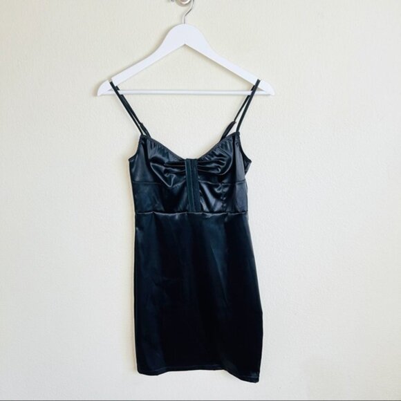 NWOT Black Satin Hook & Eye Corset Ruched Mini Dress - Picture 6 of 10